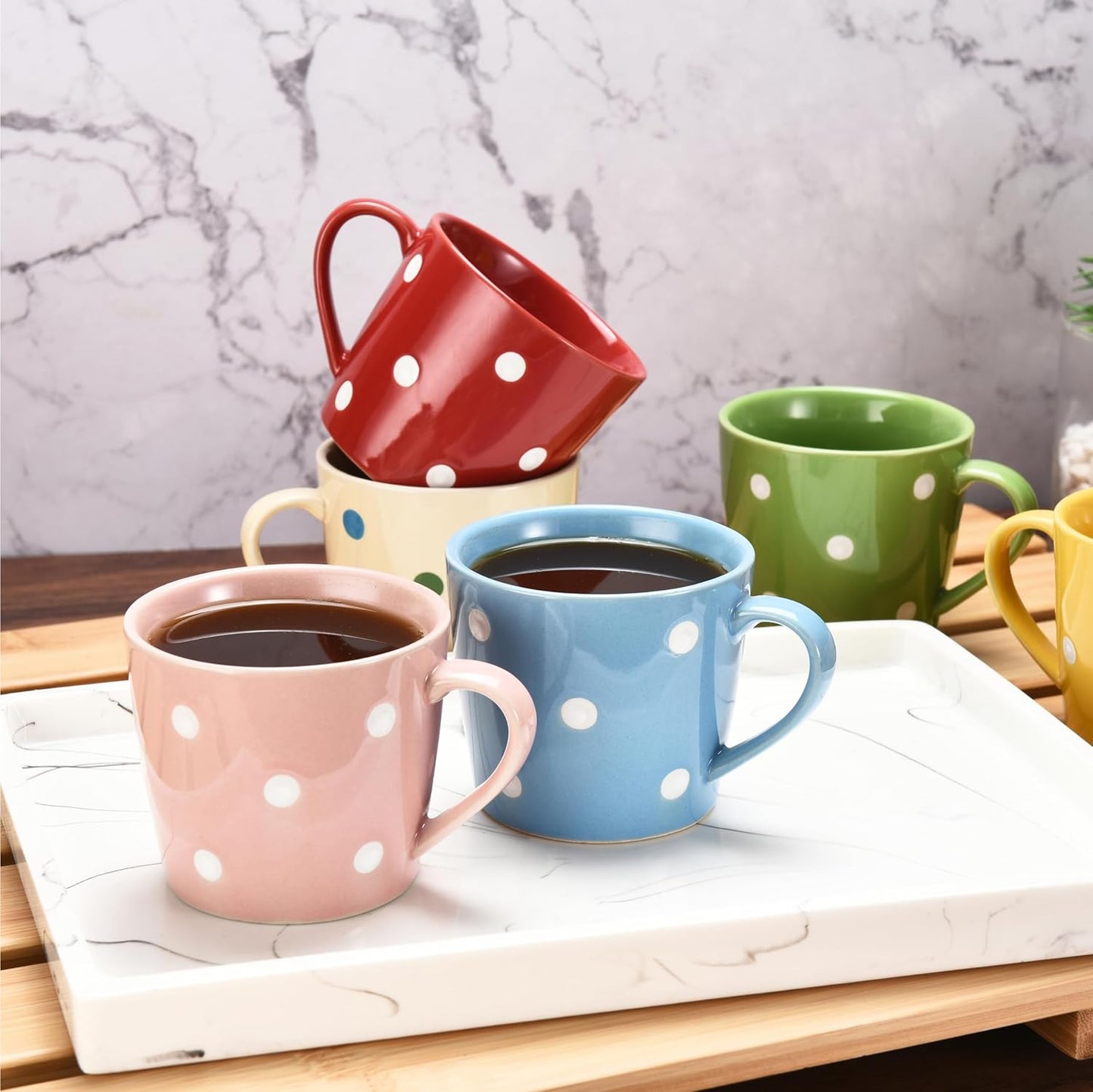 Polka Dot Coffee Mugs Set of 6 - Flat Bottom Wide Mouth Size Coffee Mug - Made of Semi-Thick Stoneware Ceramic Porcelain Dinnerware - Bright Polka Dot Colors Polish Mug Set