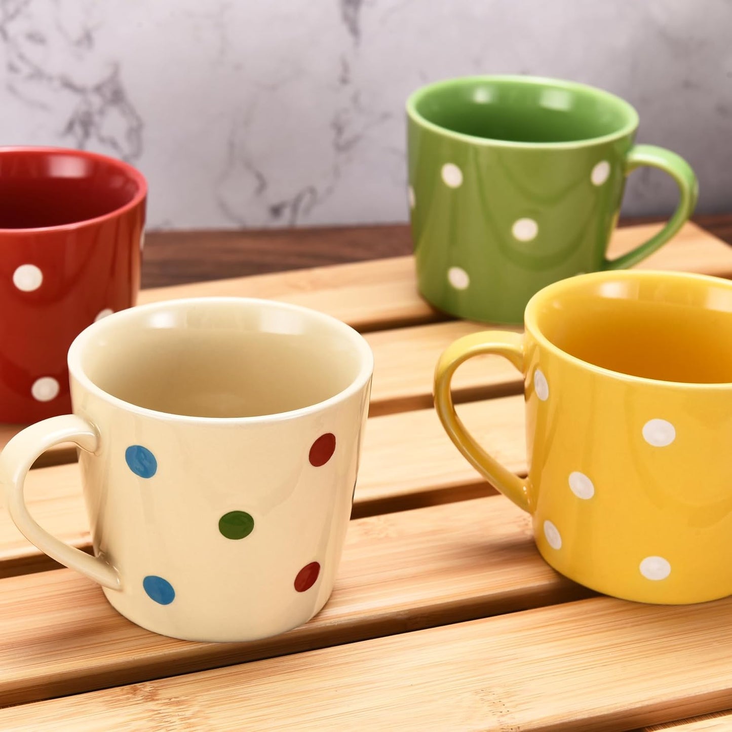 Polka Dot Coffee Mugs Set of 6 - Flat Bottom Wide Mouth Size Coffee Mug - Made of Semi-Thick Stoneware Ceramic Porcelain Dinnerware - Bright Polka Dot Colors Polish Mug Set