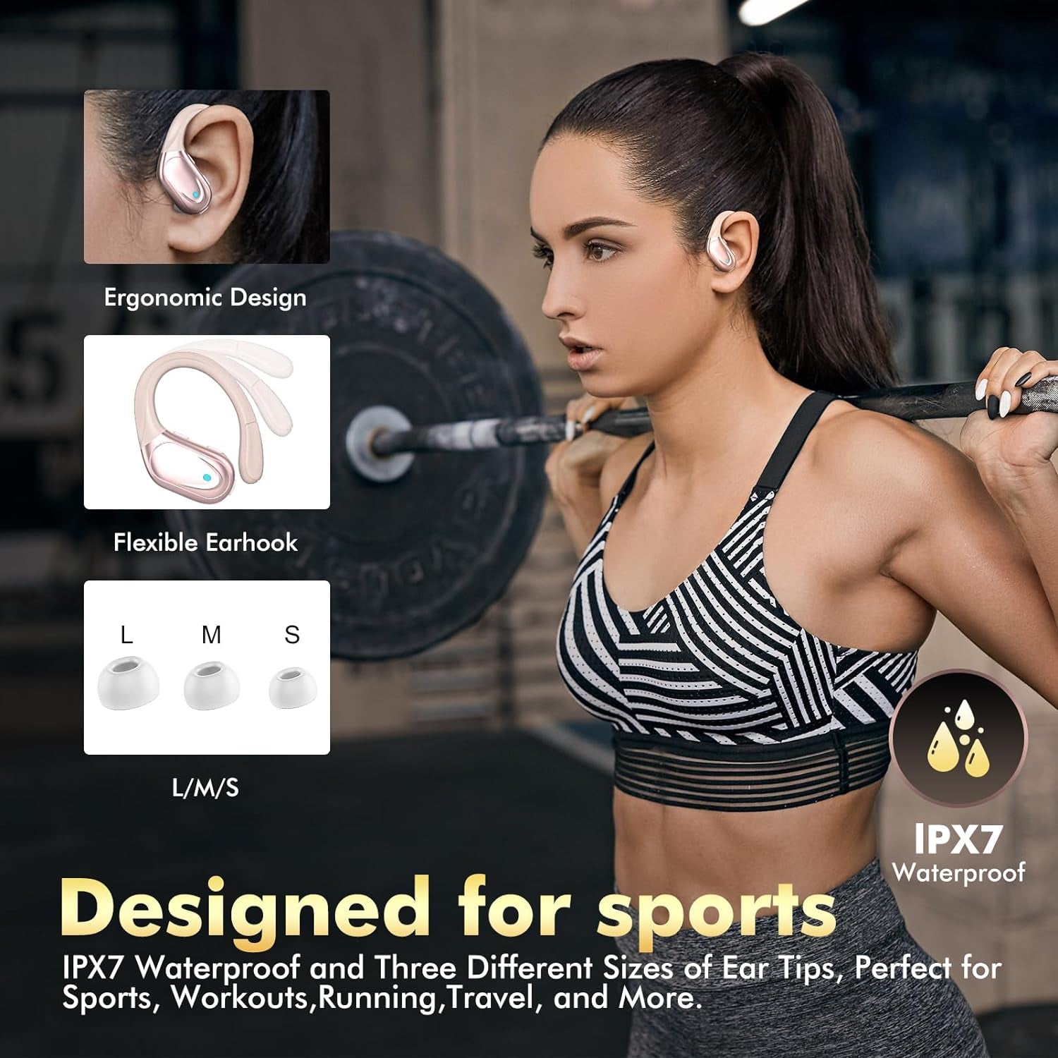 Wireless Earbuds Bluetooth Headphones 80Hrs Playback Ear Buds Power Display with Noise Canceling Mic with Earhooks for Sports/Workout/Running