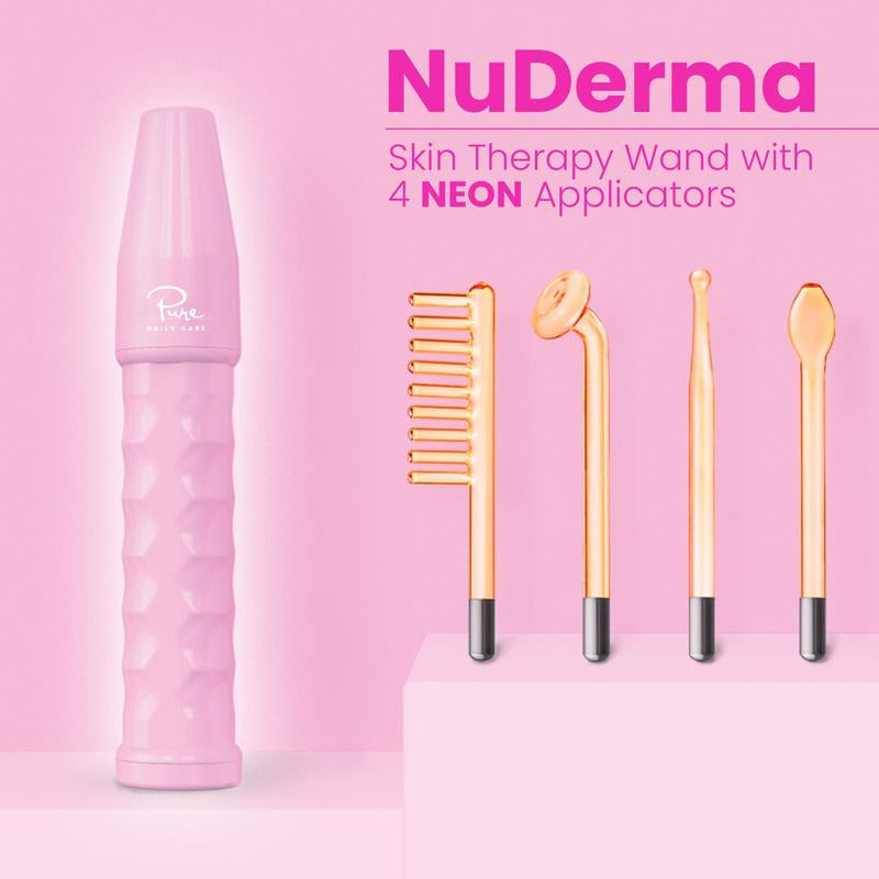 Nuderma High Frequency Wand - Pink with 4 Neon-Powered Applicators and Headband - Tiktok Exclusive - Pure Daily Care