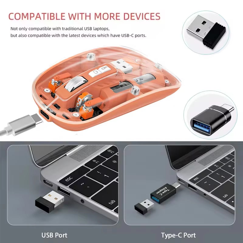 Transparent Wireless Mouse Dual Mode 2.4G Bluetooth-Compatible Rechargeable Mouse Noiseless Cordless Computer Mice for PC Laptop