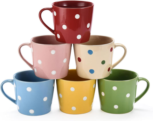 Polka Dot Coffee Mugs Set of 6 - Flat Bottom Wide Mouth Size Coffee Mug - Made of Semi-Thick Stoneware Ceramic Porcelain Dinnerware - Bright Polka Dot Colors Polish Mug Set