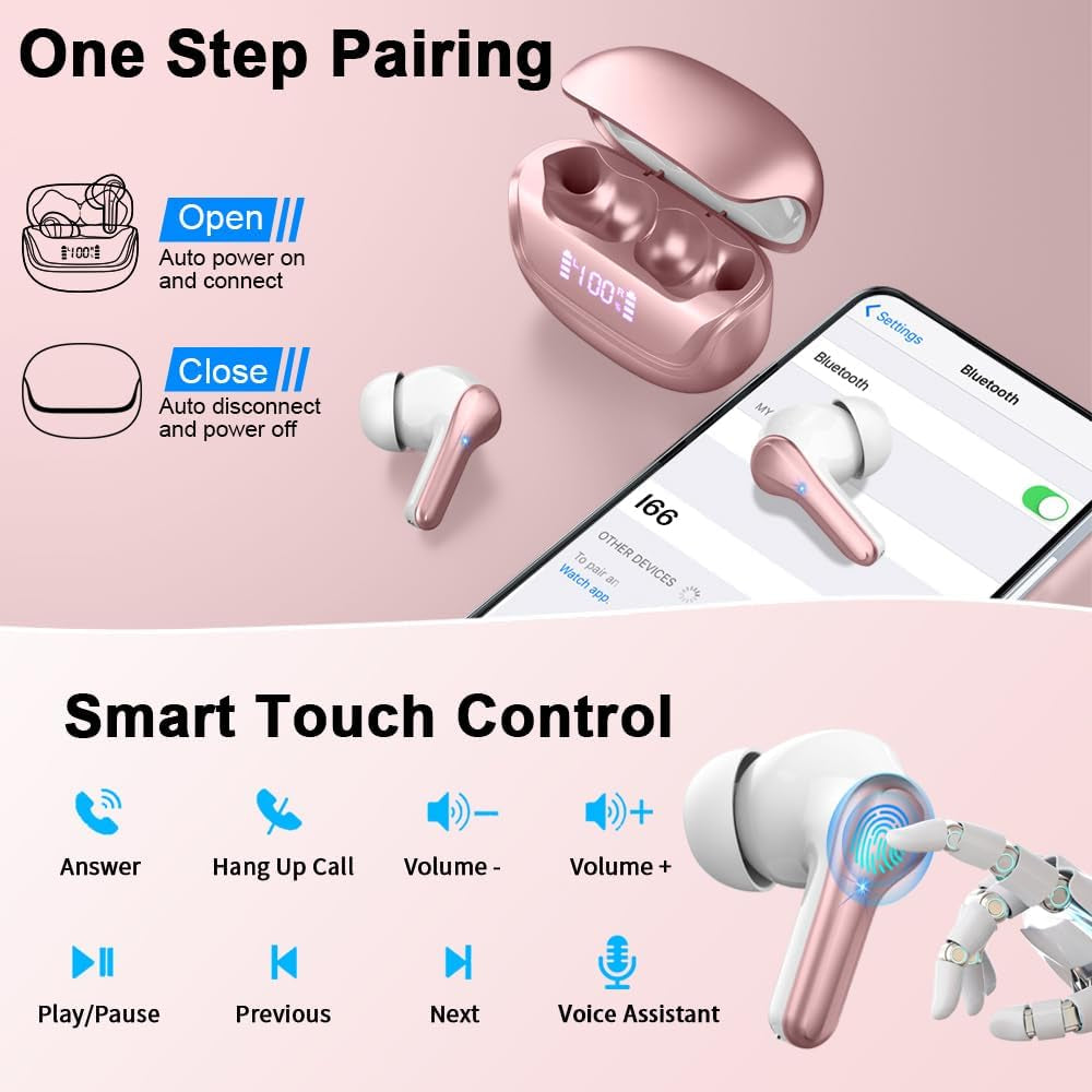 Wireless Earbuds, Bluetooth 5.4 Headphones Bass Stereo, In-Ear Earphones with 4 ENC Noise Canceling Mic, 45H Playtime LED Display Wireless Ear Buds, IP7 Waterproof Bluetooth Headphones for Android Ios